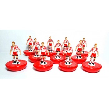 Subbuteo Andrew Table Soccer Denmark 1992 European Champions away kit on classic Hasbro bases